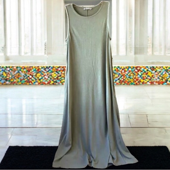 Zara Green T-shirt Tunic Sleeveless Swing Dress Knit Midi Pockets - Picture 5 of 16